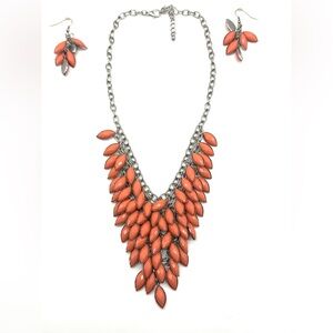Coral Orange and Silver Tone Statement Necklace and Earring Set